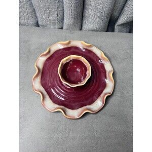 Tumbleweed Pottery Chip Dip Red Bowl Cocktail Veggie Ruffled Edge USA